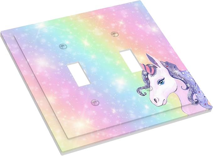 Rainbow Unicorn Double Toggle Switch Cover - 2-Gang Standard US Size Pastel Galaxy Sparkle Light Switch Covers, Magical Fantasy for Boys & Girls Bedroom