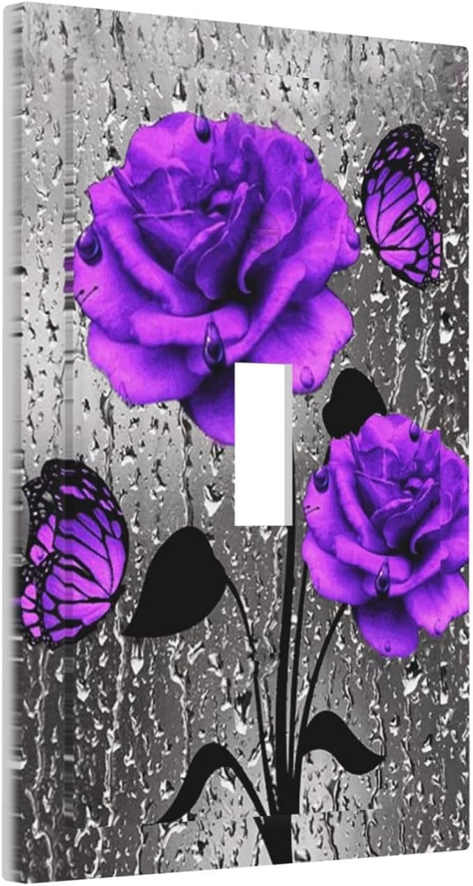 Purple Rose Butterfly Print Decorative Light Switch Cover 1-Gang Romantic Gray Blossom Flowers Floral Raindrops Art Single Toggle Wall Plate Electrical Device Outlet Switch Faceplate Cover Jumbo Size