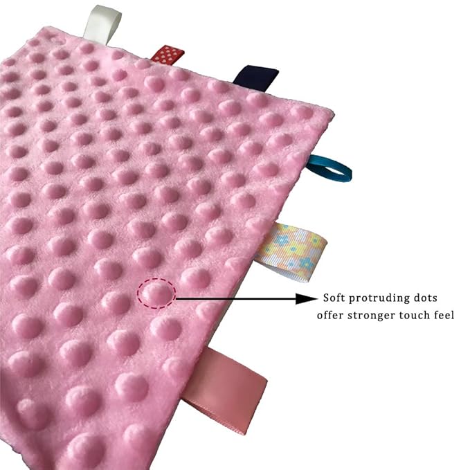Soft Baby Security Blankets for Girls with Textured Ribbon Tags Baby Soothing Towel Lovey Taggy Sensory Blanket for Newborn Infant Toddler Gift Pink