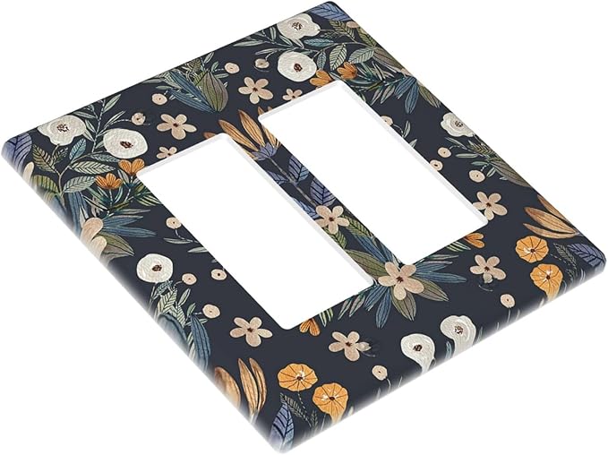 Boho Leaf Floral Navy Blue Background 2 Gang Rocker Decora Light Switch Covers Dual Outlet Covers Wall Plate Decorative Switchplate Electrical Faceplate GFCI for Farmhouse Country Bedroom Decor