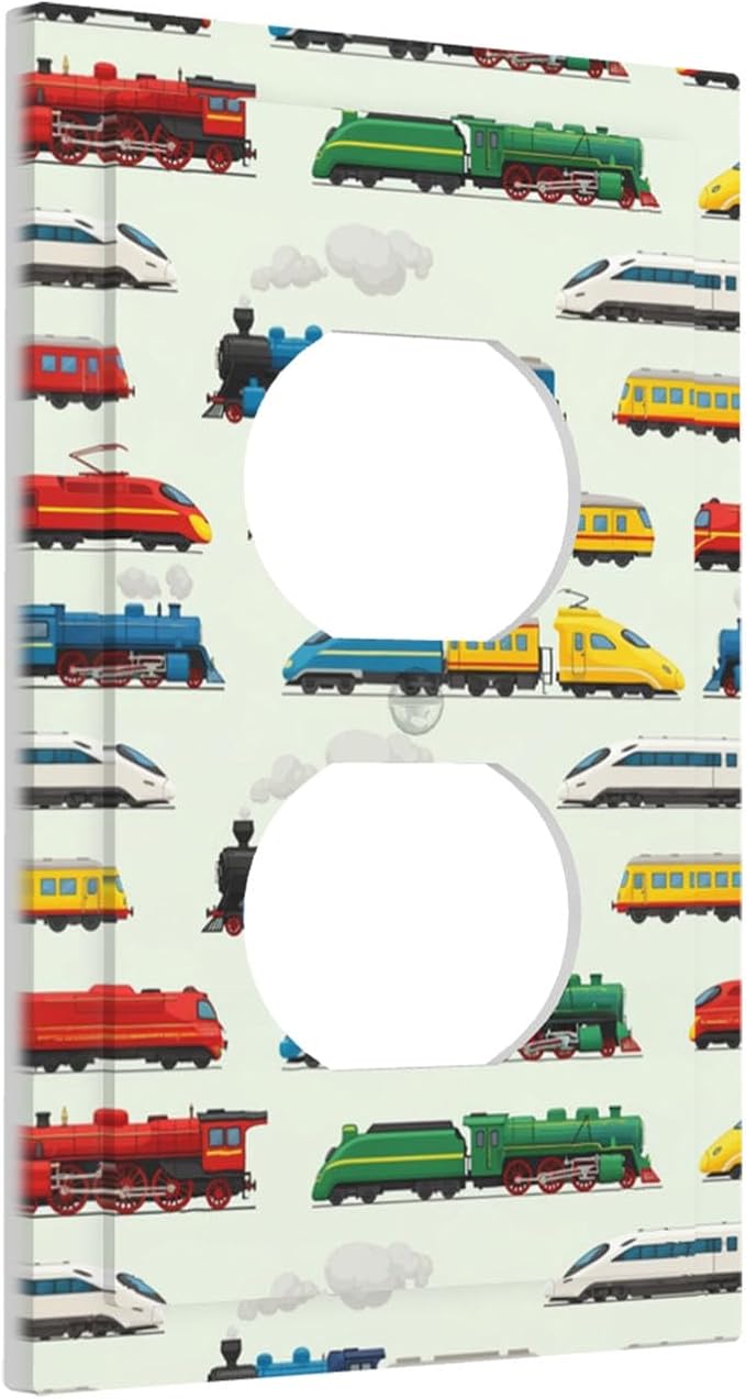 Vintage & Modern Trains Duplex Wall Plate - 1-Gang Standard US Size Colorful Locomotive Outlet Covers, Retro Steam & High-Speed for Boys Room