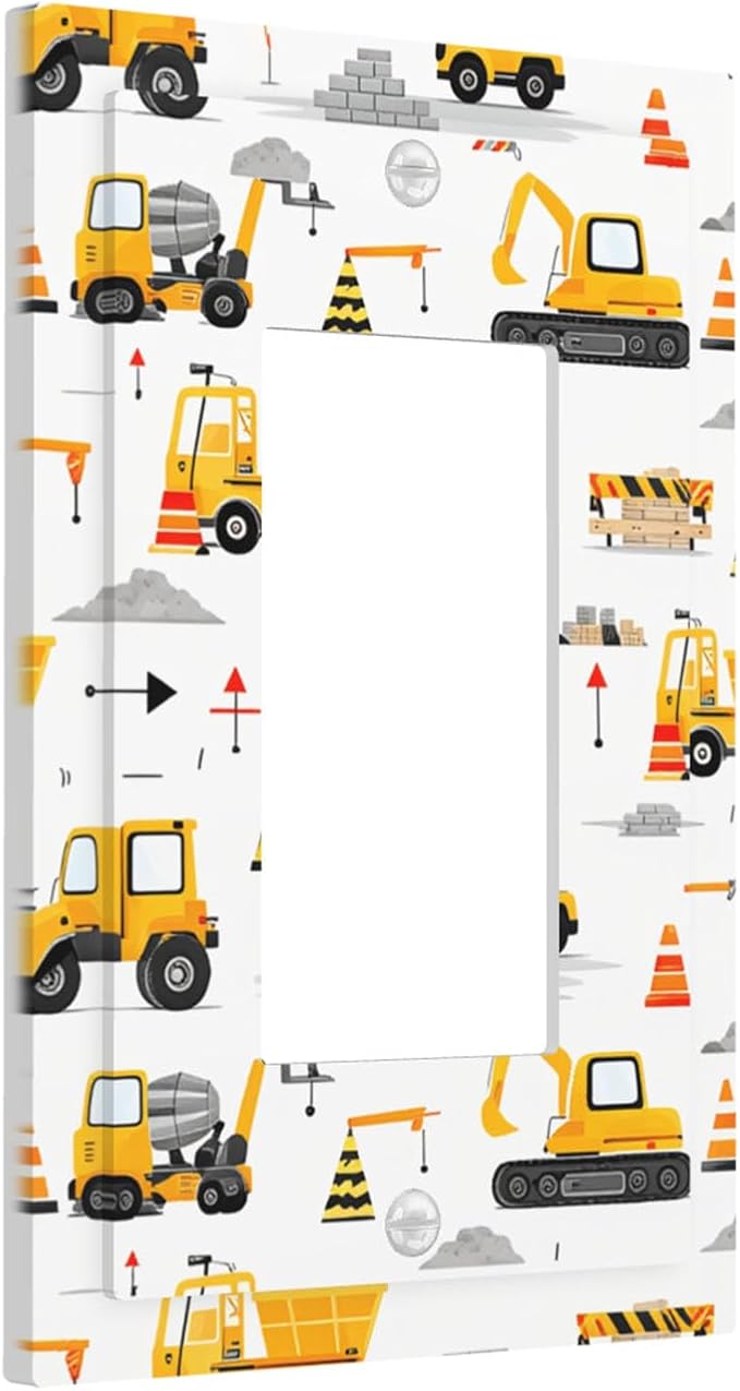 Construction Vehicles & Trucks Pattern Single Rocker Switch Cover - 1-Gang Standard US Size Little Builder's Dream Light Switch Covers for Boy's Bedroom Decor