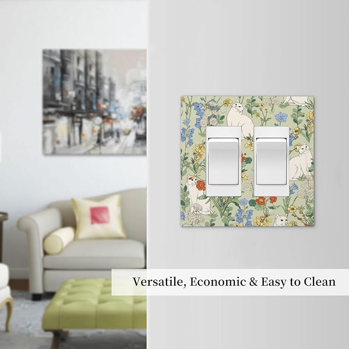 Decorative Outlet Covers Vintage Floral Cute Cat Colorful Flowers 2 Gang Double Gfci Rocker Electrical Wall Panels Light Switch Cover Plate For Bed Room Living Room Decor