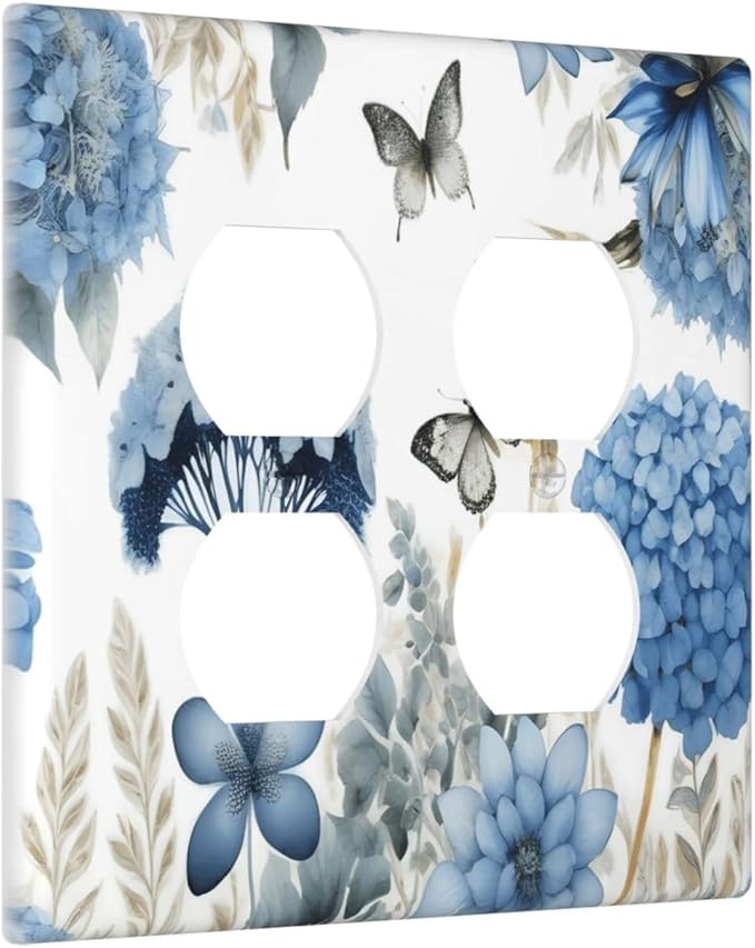Blue Floral Hydrangea Floral Butterfly Flower Plant Outlet Covers 2 Gang Double Duplex Decorative Light Switch Covers Electrical Wallplates Socket Faceplate for Bedroom Living Room Decor