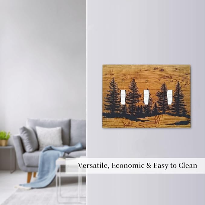 Decorative Switch Plates Forest Pine Silhouette Rustic Wood Grain 3 Gang Wall Plate Triple Toggle Light Switch Cover Faceplate Electrical Wall Panels For Farmhouse Cabin Decor
