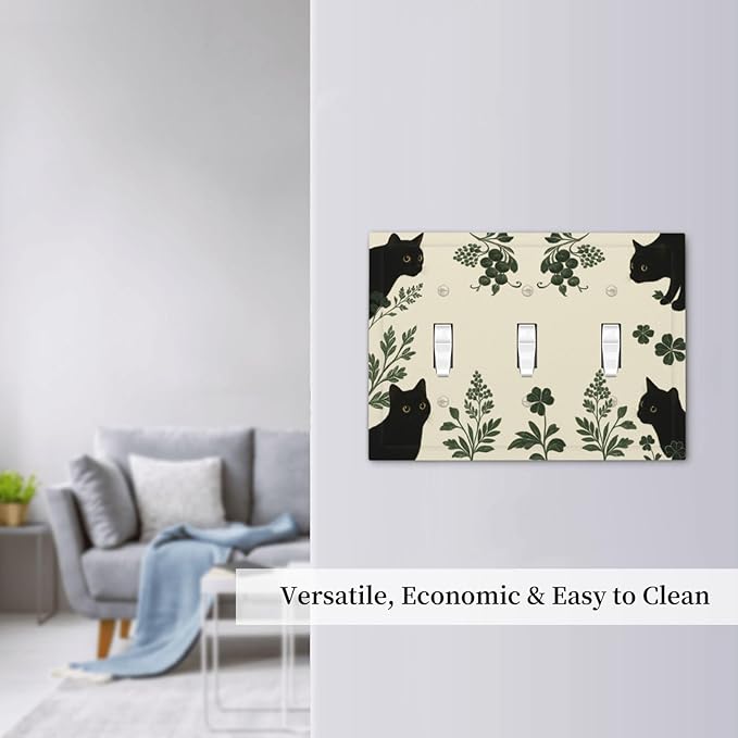 Decorative Light Switch Cover Plate Funny Black Cat Green Leaf 3 Gang Wall Plates for Electrical Outlets Triple Toggle Switch Plate Covers Outlet Covers Faceplate for Bedroom Home Decor