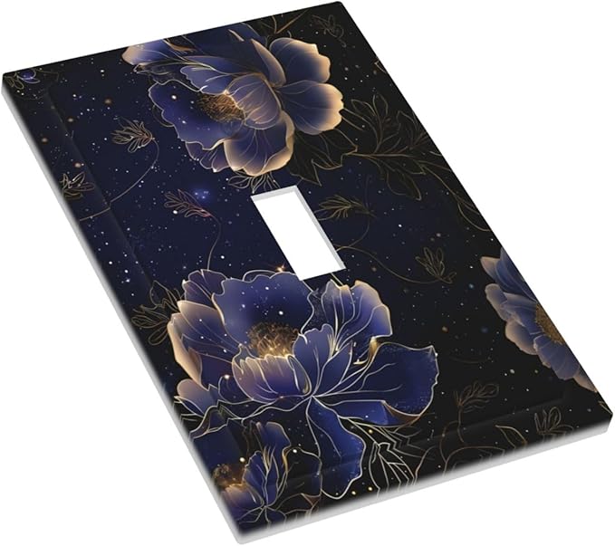 Navy Blue Floral Vintage Flower Dark Watercolor Decorative Light Switch Cover 1 Gang Single Toggle Device Electrical Faceplate Switchplates Decorator Outlet Wall Plate for Bedroom Living Room Decor