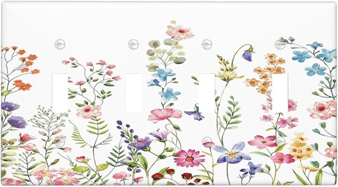 Boho Watercolor Wildflowers Floral Plants Flower Light Switch Covers Quad Toggle Electrical Faceplate 4 Gang Wall Plate Decorative Switch Plates Cover for Bedroom Living Room Decor