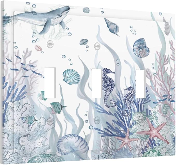 Ocean Themed Coral Seahorse Seashell Starfish Beach Decorative Switch Plates 3 Gang Wall Plate Triple Toggle Light Switch Cover Faceplate Electrical Wall Panels for Bathroom Home Decor