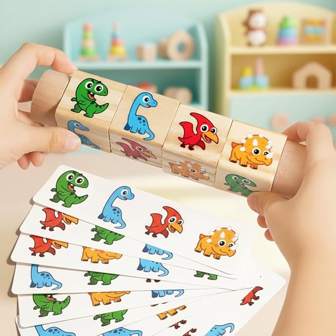 Wooden Dinosaur Matching Puzzle Game – Early Educational Toddler Rotating Block Puzzle with Cards for Hand-Eye Coordination & Fine Motor Skills Development for Age 1 2 3+