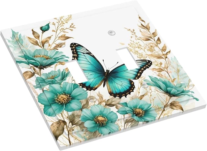 Decorative Light Switch Cover Plate Butterfly on Blue Daisy Flower Floral Golden Leaf 2 Gang Wall Plate Oversized Double Toggle Two Switch Wall Cover Plate Dual Device Face Plate