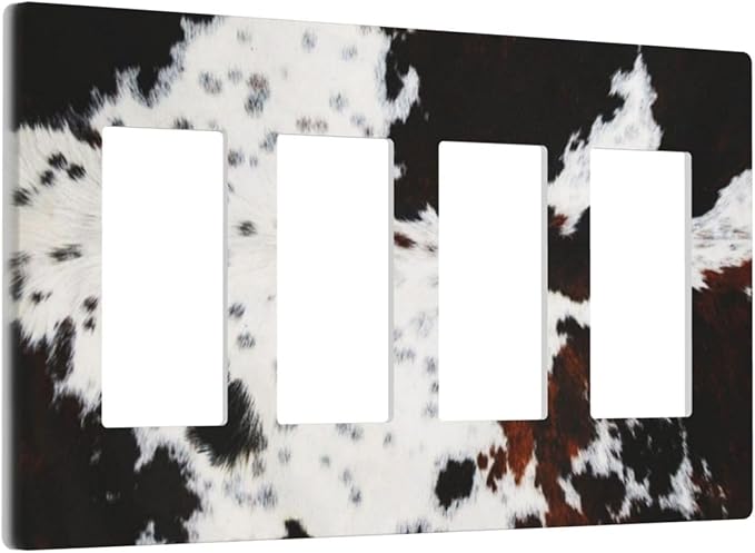 Western Black Brown White Cow Decorative 4 Gang Quad Gfci/Decorator Light Switch Cover Cowhide Wild Animal Fur Skin Spots Cheetah Leopard Print Four Device Rocker Switch Face Wall Plate Outlet Covers