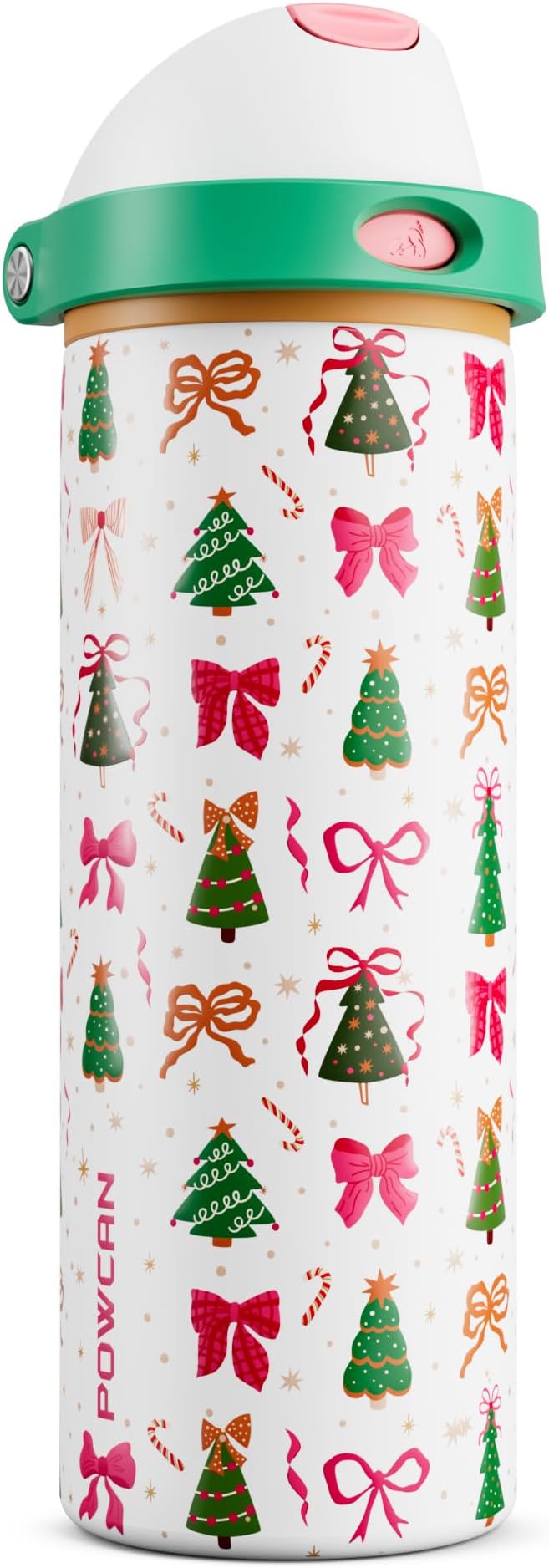 POWCAN 24 oz Christmas Stainless Steel Water Bottle: 2-in-1 Push-Button Spout & Quick-Flip Straw, Leakproof, Fits in Car Cupholder, Insulated Water Bottle for Holiday Gift, Sports, Travel (Merry Bows)