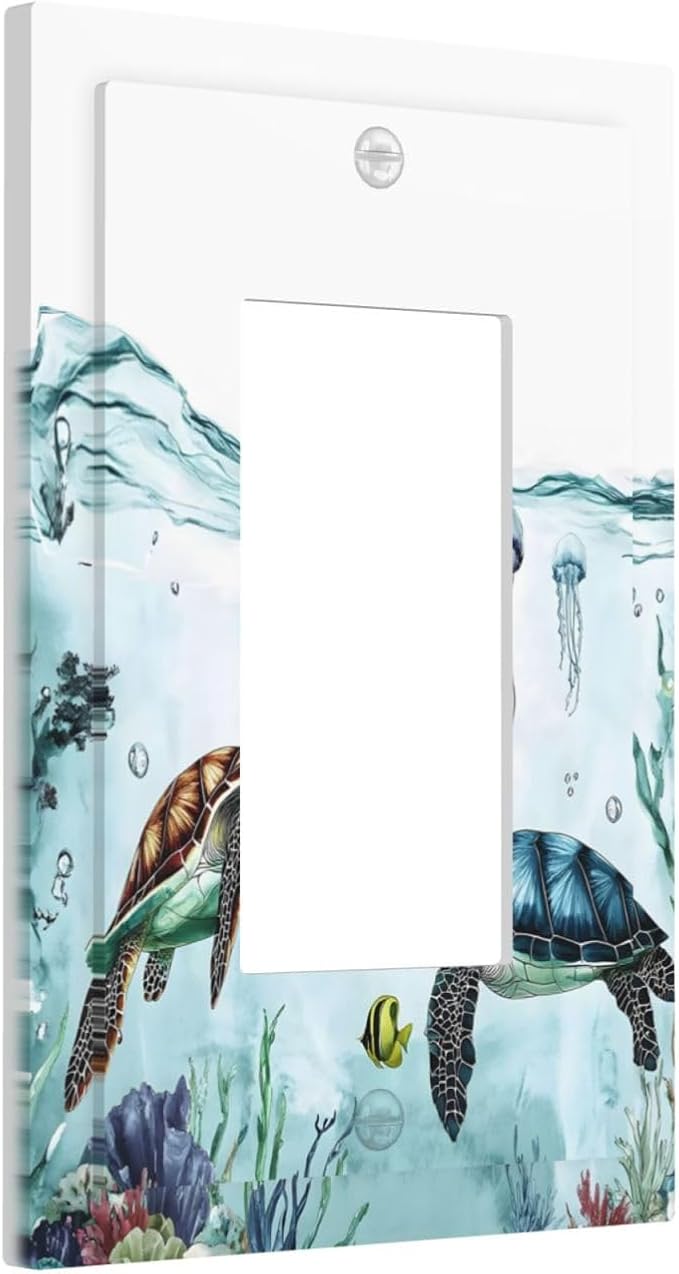 Sea Turtles Sea Coral Seaweed Ocean Jellyfish Decorative Outlet Covers 1 Gang Single Rocker Light Switch Cover Plate Wall Plates GFCI Faceplate for Kids Room Bathroom Decor