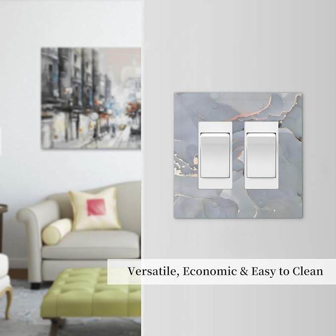 Gray And Gold Marble Abstract Luxury Print Decorative Outlet Covers 2 Gang Double GFCI Rocker Electrical Wall Panels Light Switch Cover Plate for Bathroom Kitchen Bedroom Decor