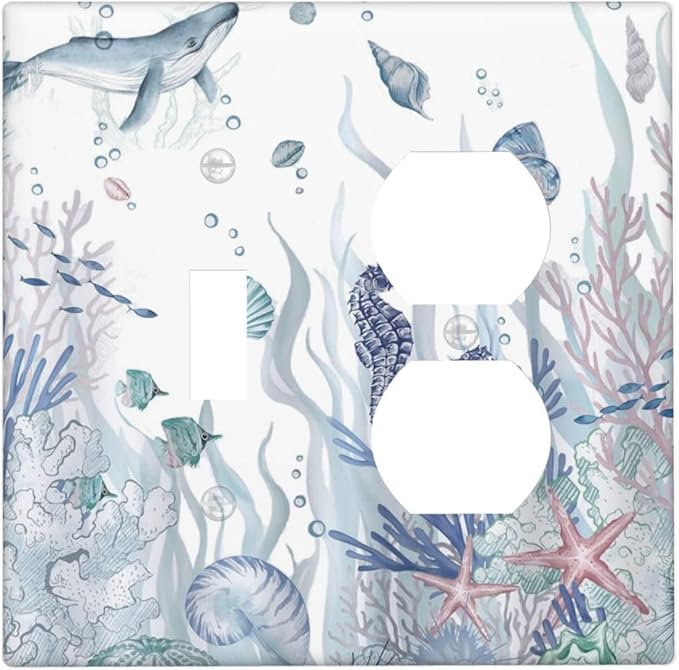 Ocean Themed Coral Seahorse Seashell Starfish Beach Wallplates 1 Toggle 1 Duplex Switch Plate Electrical GFCI Faceplate Decorative Light Switch Covers for Bathroom Home Decor