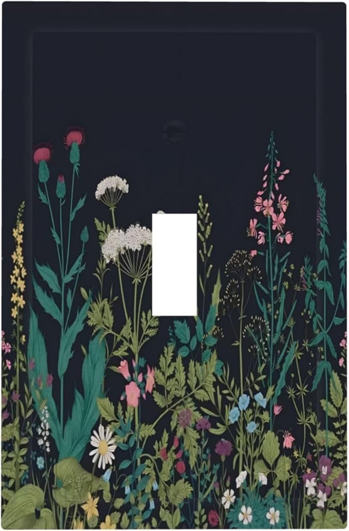 Boho Garden Flowers Weeds Floral Wildflowers Decorative Light Switch Cover 1 Gang Single Toggle Device Electrical Faceplate Switchplates Decorator Outlet Wall Plate for Bedroom Living Room Decor
