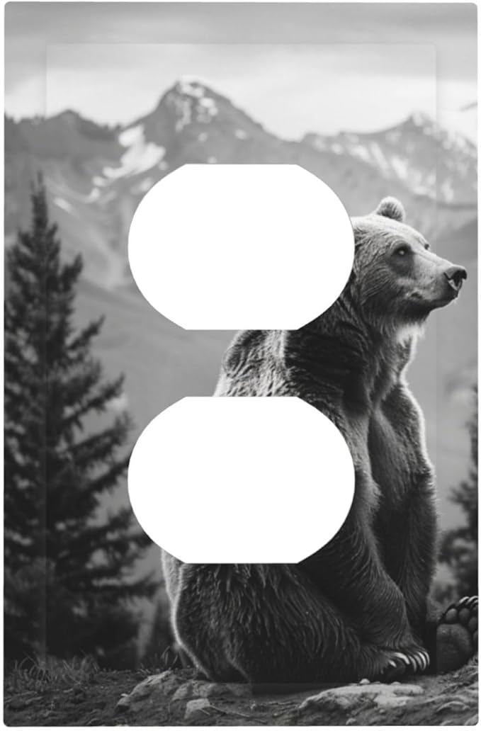 Decorative Outlet Covers Black White Bear Mountain Pine Trees Wilderness 1 Gang Duplex Light Switch Cover Plate Electrical Switch plates Wall Plates Receptacle Cover for Bathroom Bedroom Decor
