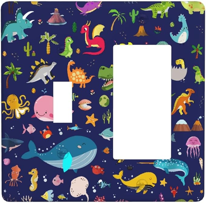 Kids Boys Cartoon Dinasour Theme 2 Gang Single Toggle/Decorator Combination Light Switch Cover Nursery SeDecorative Combo 1-Toggle/1-GFCI/Rocker Wall Plate Cover