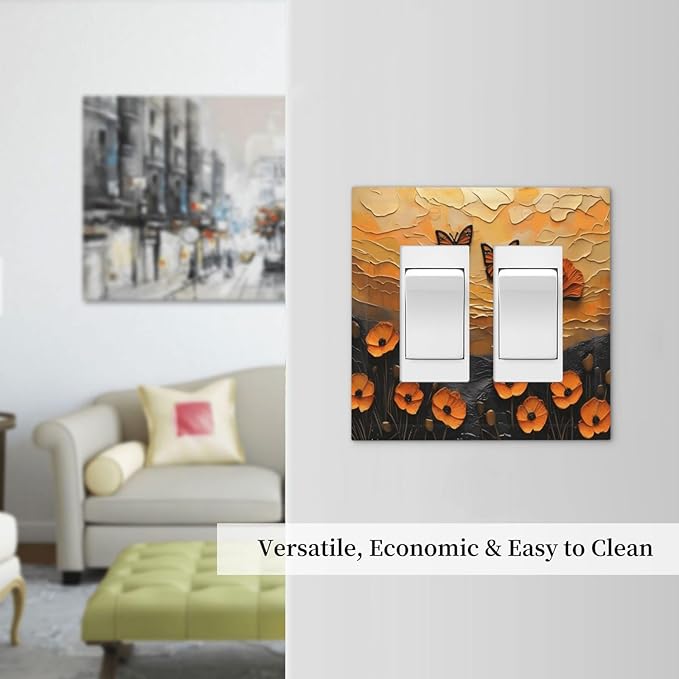 Oil Painting Flower Sunset Butterfly Vintage Rustic Floral Decorative Outlet Covers 2 Gang Double GFCI Rocker Electrical Wall Panels Light Switch Cover Plate for Bedroom Living Room Decor