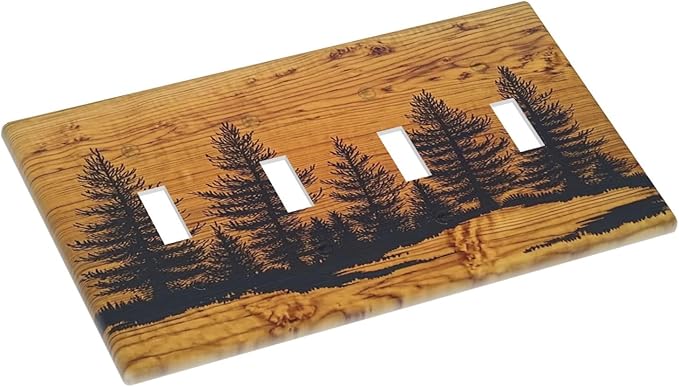 Light Switch Covers Forest Pine Silhouette Rustic Wood Grain Quad Toggle Electrical Faceplate 4 Gang Wall Plate Decorative Switch Plates For Farmhouse Cabin Decor