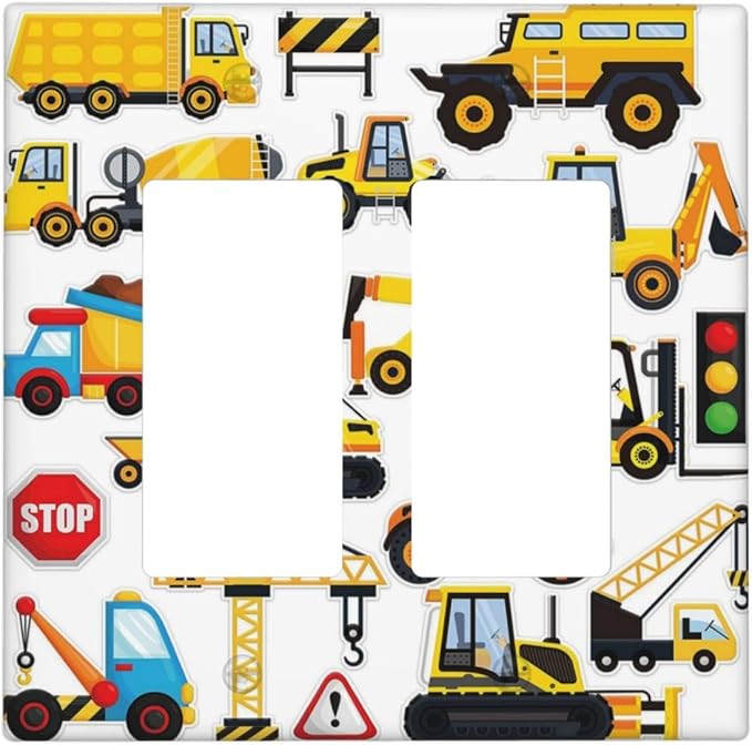 Yellow Truck Cartoon Transportation 2 Gang Rocker Decora Light Switch Cover Decorative Outlet Covers Wall Plate Electrical Faceplate Switchcovers GFCI for Kidroom Bathroom Bedroom Living Room Decor
