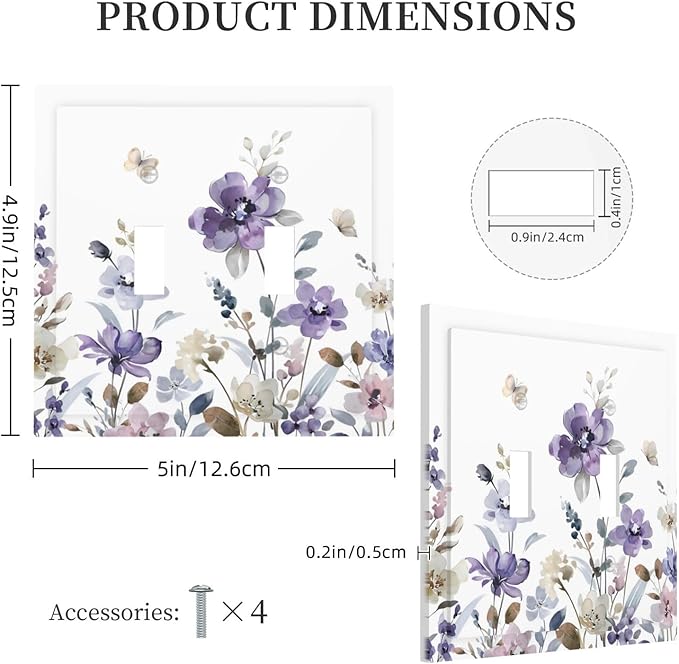 Purple Watercolor Flower Floral Butterfly Decorative Switch Plates 2 Gang Double Toggle Outlet Light Switch Cover Wall Plate Electrical Faceplate for Bedroom Living Room Decor