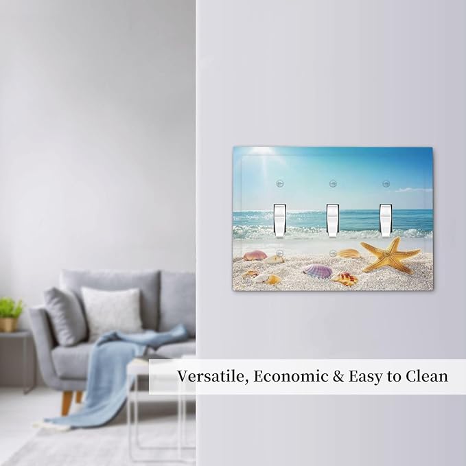 Decorative Switch Plates Summer Beach Colorful Seashell Starfish 3 Gang Wall Plate Triple Toggle Light Switch Cover Faceplate Electrical Wall Panels For Kids Room Nursery Decor