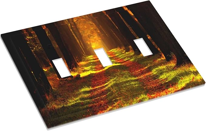 Rustic Nature Tree Autumn Maple Leaf Triple Toggle Light Switch Cover 3 Gang Wall Plate Decorative Gold Fall Leaves Woodland Park Foliage Tree Electrical Facplate for Bathroom Kitchen Home 6.7" x 4.8"