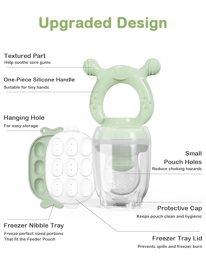 Silicone Baby Fruit Feeder with Freezer Nibble Tray Combo, Baby Teethers, Breastmilk Popsicle Molds for Teething Relief, BPA Free Fresh Food Feeder for Safe Infant Self Feeding (Sage Green)