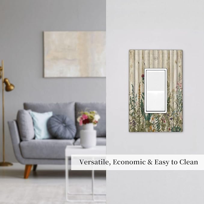 Vintage Wild Flowers Botanical Green Leaves Plants 1 Gang Rocker Light Switch Covers Decorative Rustic Wood Plank Single Decora Outlet Wall Plate Faceplate Switchplate GFCI for Farmhouse