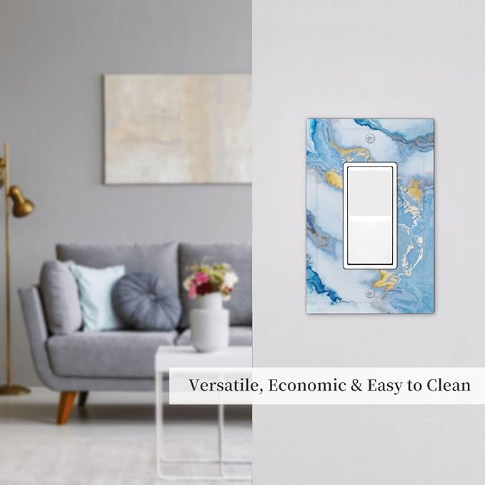 Beautiful Marble Texture Blue Gold Fluid Abstract Print Decorative Outlet Covers 1 Gang Single Rocker Light Switch Cover Plate Wall Plates GFCI Faceplate for Bedroom Bathroom Decor