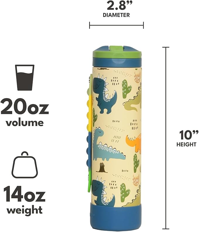 Elemental Iconic Kids Water Bottle for School - 100% Leak-Proof Insulated Water Bottles with Straw Lid & Pop-It Handle for Boys & Girls - Triple-Wall Insulated & BPA-Free, 20oz – Dinosaur