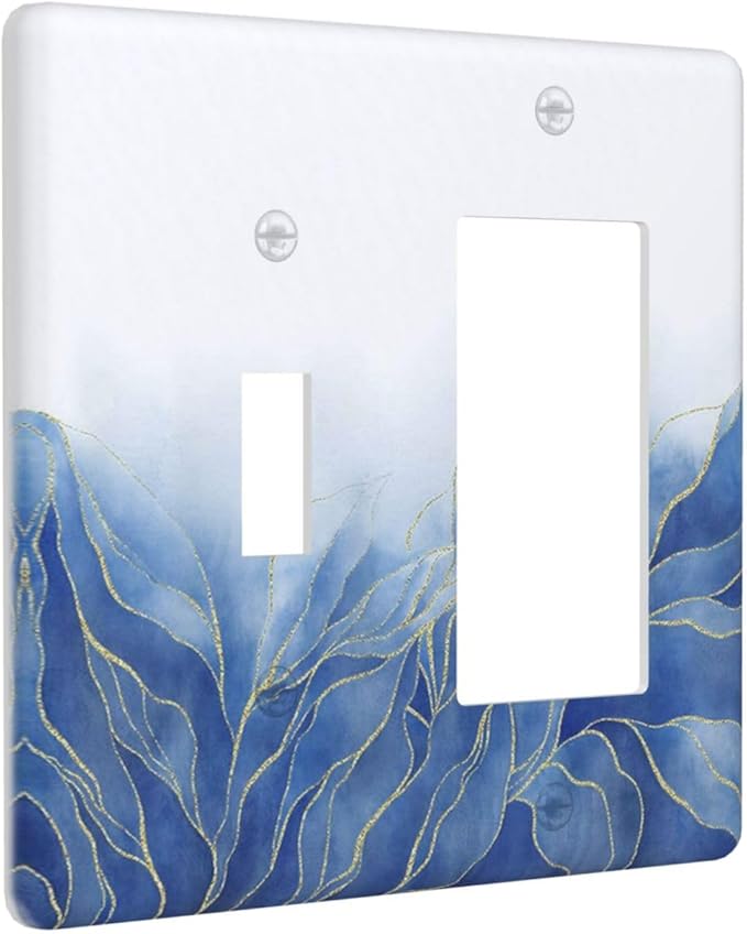 Outlet Covers Blue Gold Leaf Marble Modern Abstract 2 Gang Combo Light Switch Cover Plate Toggle Rocker Wallplates Decorative Switch Plates and Outlet Covers for Kitchen Bathroom Decor