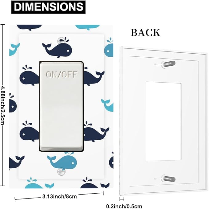 Cute Blue Whales Single Rocker Switch Cover - 1-Gang Standard US Size Nautical Whale Pod Light Switch Covers, Minimalist Coastal for Nursery Decor
