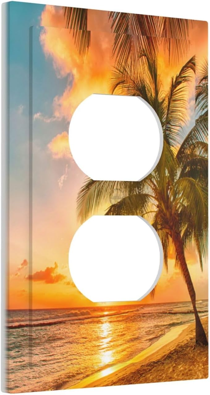 Outlet Covers Sunset Beach Palm Tree Seascape 1 Gang Duplex Light Switch Cover Plate Tropical scenery Decorative Wall Plates Electrical Switchplate Receptacle Cover for Bathroom Home Decor