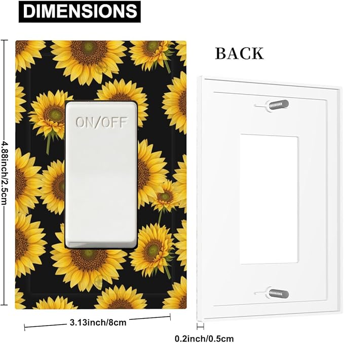 Sunflower Fields Single Rocker Switch Cover - 1-Gang Standard US Size Vibrant Sunflower on Black Light Switch Covers, Boho Sunny Garden for Bedroom Decor
