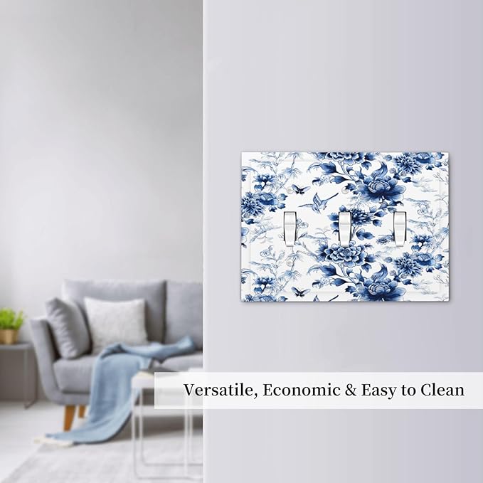 Blue Flower White Floral Plant Bird Butterfly Decorative Switch Plates 3 Gang Wall Plate Triple Toggle Light Switch Cover Faceplate Electrical Wall Panels for Bedroom Living Room Decor