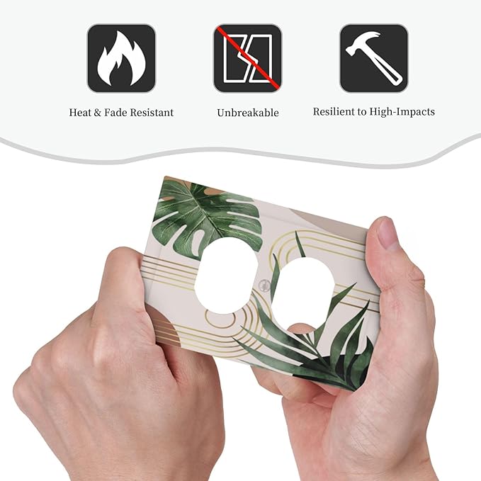 70s Tan Beige Boho Bohemian Palm Leaf 1-Gang Duplex Receptacle Wall Plate Outlet Cover Mid Century Botanical Aesthetic Abstract Art Sun Electrical One Gang Device Light Switch Faceplate Socket Cover