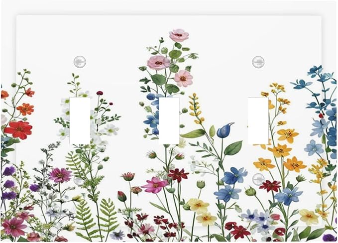 Light Switch Cover Plate Colorful Wildflowers Plants Flowers on White Background 3 Gang Switch Plate Covers Triple Toggle Decorative Wall Plates Electrical Faceplate for Bathroom Home Decor