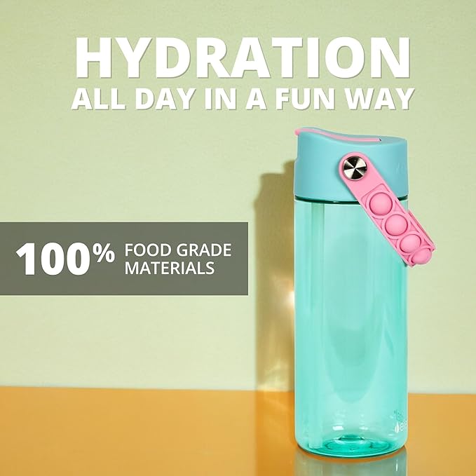 Elemental Water Bottles for Kids - Splash Kids Water Bottle for School with Pop-it Handle - BPA Free Tritan Plastic Water Bottle with Straw Leak Proof when Spout is Closed - Blue Bubblegum - 18oz
