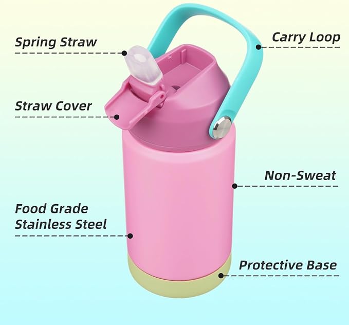 Konokyo Insulated Water Bottle with Straw Lid,12 oz Stainless Steel Vacuum Metal Bottle with Silicone Handle,Rose Pink