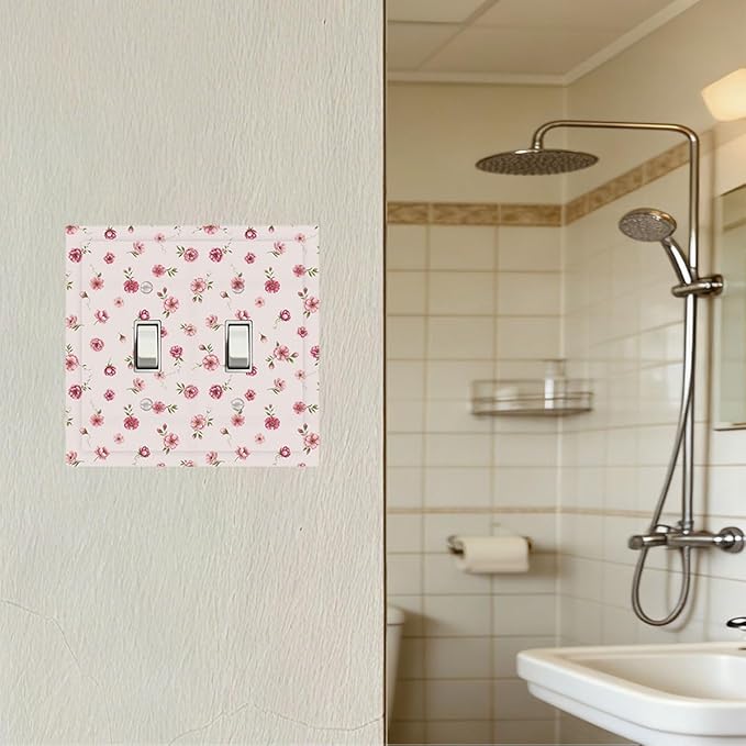 Pink Ditsy Floral Double Toggle Switch Cover - 2-Gang Standard US Size French Country Petite Floral Light Switch Covers, Vintage Shabby Chic for Girls Room