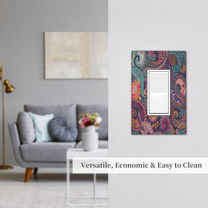 Mandala Boho Paisley Purple Floral Colorful Flower Decorative Outlet Covers 1 Gang Single Rocker Light Switch Cover Plate Wall Plates GFCI Faceplate for Home Bedroom Decor