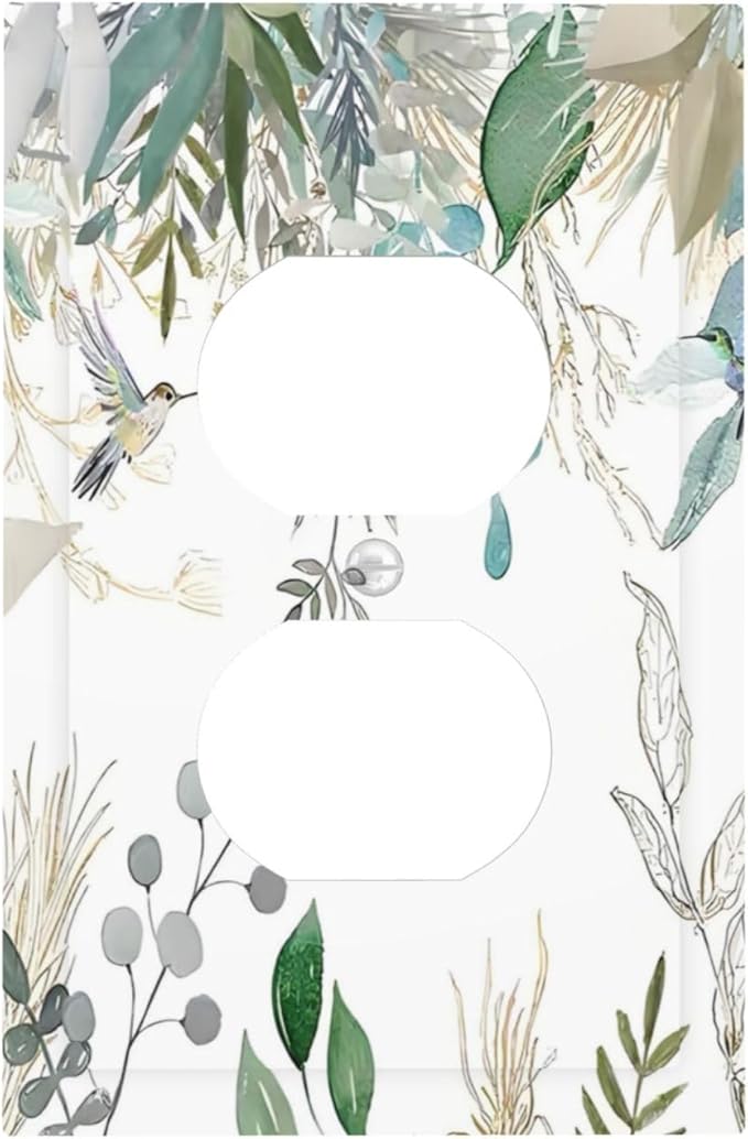 Green Tropical Palm Leaves Flower Plants Hummingbird Outlet Covers 1 Gang Duplex Light Switch Cover Decorative Switch Plates Electrical Receptacle Faceplate Wall Plate for Bed Room Living Room Decor