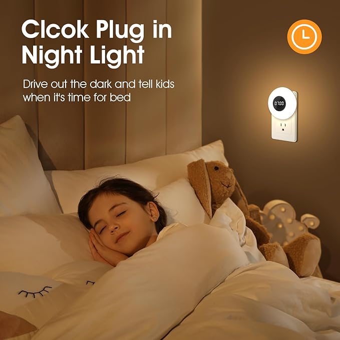 Night Light Clock, Dimmable+3 Light Colors+Timer Nightlight Timing Light, Small Clock, Toilet Light with Plug in Timer, Night Light Plug in, Nightlight for Kids Room, Bedroom Clocks for Kids Room