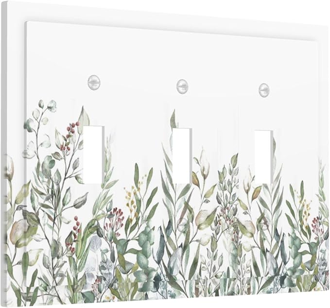 Wildflower Garden Rustic Green Leaf Floral Decorative Switch Plates 3 Gang Wall Plate Triple Toggle Light Switch Cover Faceplate Electrical Wall Panels for Bed Room Living Room Decor