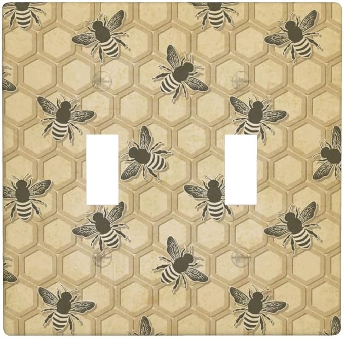 Honey Bee Honeycomb 2-Gang Double Toggle Switch Plate, Vintage Bee Wall Plate for Home, Office, Sunroom & Kitchen