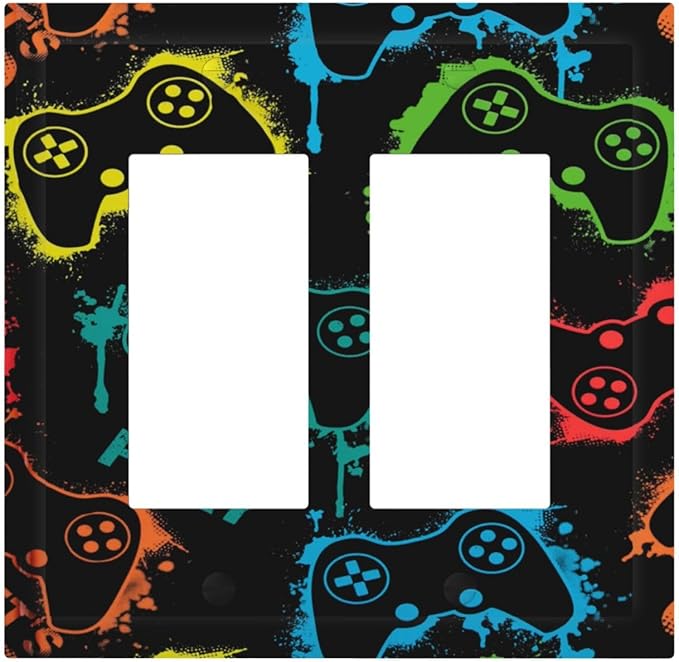 Gaming Hippie Gamer Modern Gamepad Colorful Graffiti Decorative Outlet Covers 2 Gang Double GFCI Rocker Electrical Wall Panels Light Switch Cover Plate for Kids Room Nursery Decor