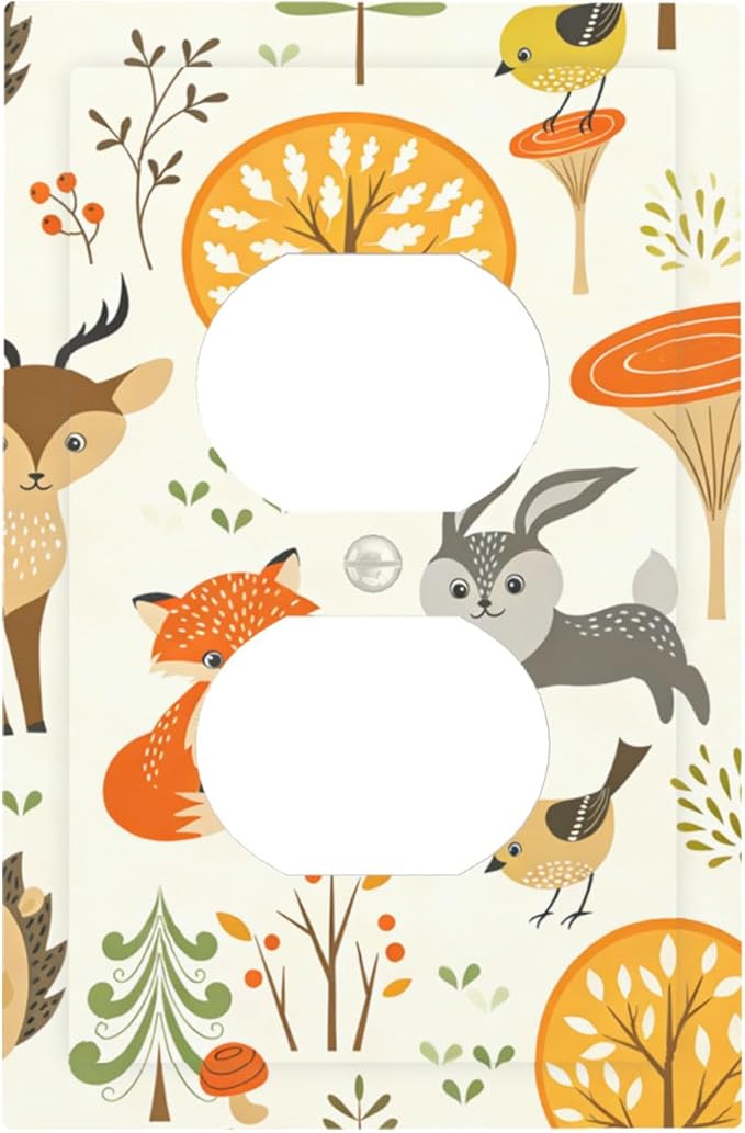 Cute Woodland Animals Duplex Wall Plate - 1-Gang Standard US Size Forest Pattern Trees Mushrooms and Berries Outlet Covers for Boys & Girls Room Decor